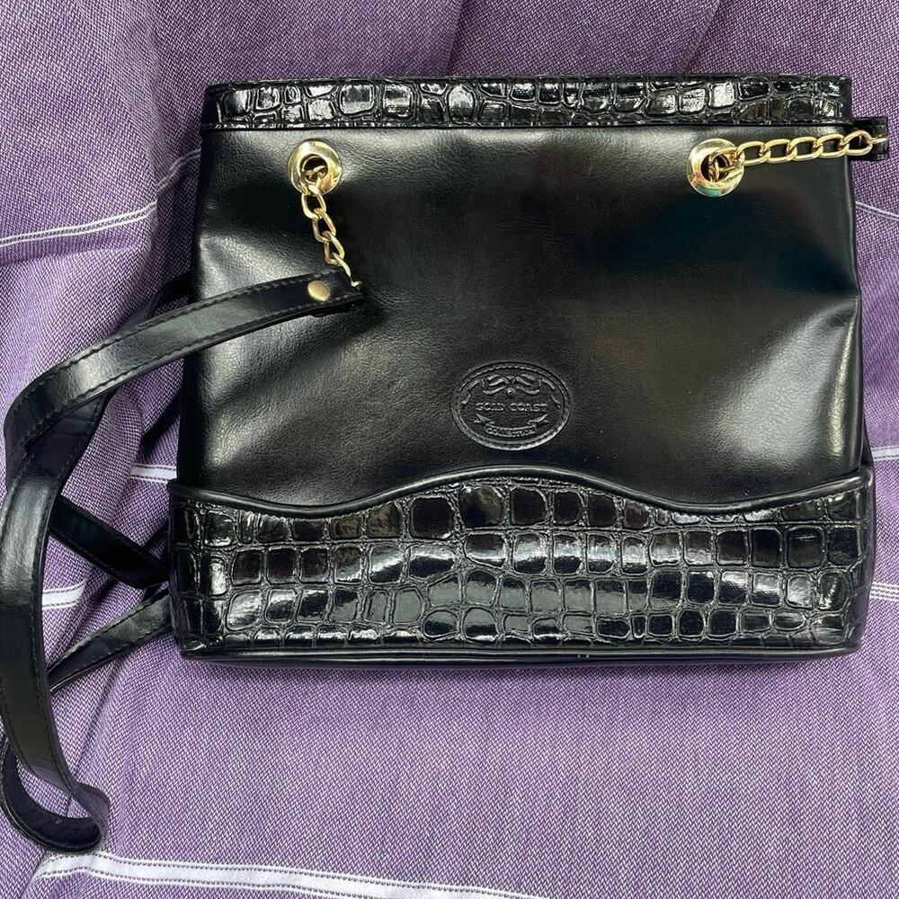 Vintage Gold Coast Collection Handbag,Black Faux Leather Croc Embossed and Chain